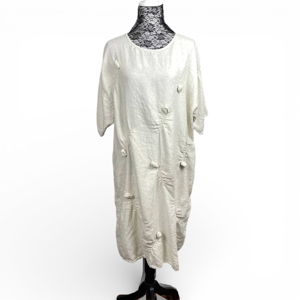 Lagenlook Ivory Linen Ruched Rose Minimalist Maxi Dress Medium Resortwear Brunch